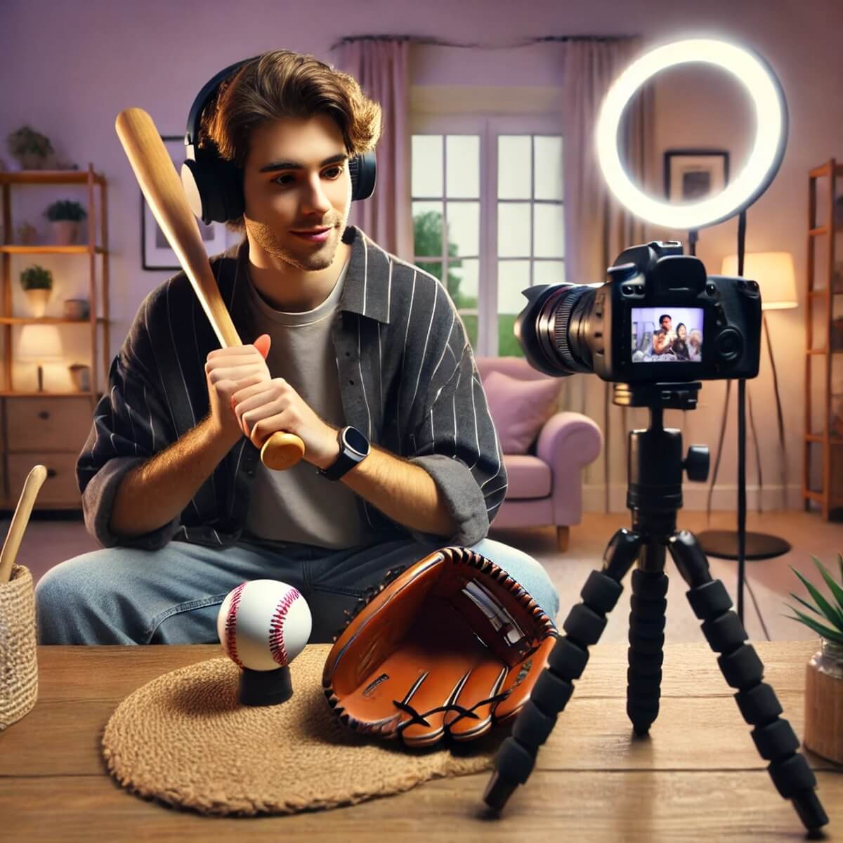야구 장비를 시연하고 있는 스포츠 유튜버 모습
