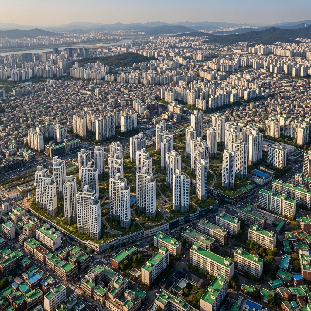 서울 및 수도권 신축 아파트와 기존 주거 단지가 어우러진 조감도, 부동산 공급과 수요의 복합성을 상징.