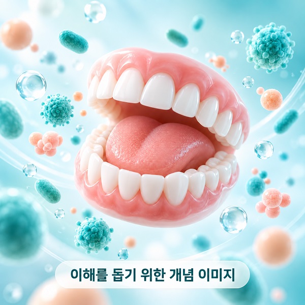 치아와 혀 주변에 여러 미생물이 분포한 구강 개념도