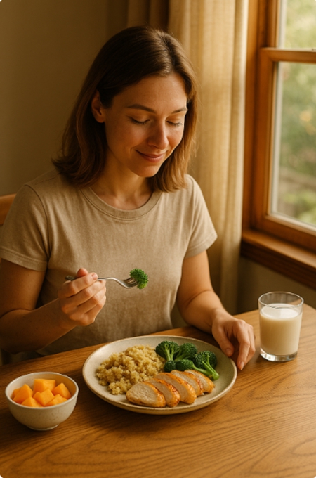 창가의 따뜻한 햇살 아래에서 단백질 중심 식사를 즐기는 여성의 모습. 접시에는 닭가슴살, 퀴노아, 브로콜리가 가지런히 놓여 있고, 옆에는 멜론 조각과 우유 한 잔이 함께한 균형 잡힌 저당 아침 식사 장면