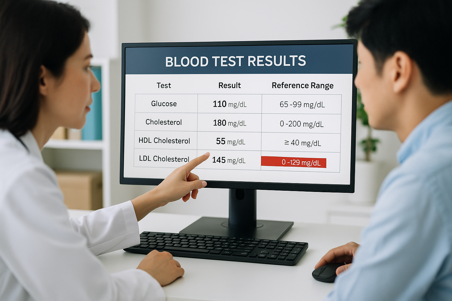  혈액검사 수치를 환자에게 설명하는 병원 컴퓨터 화면