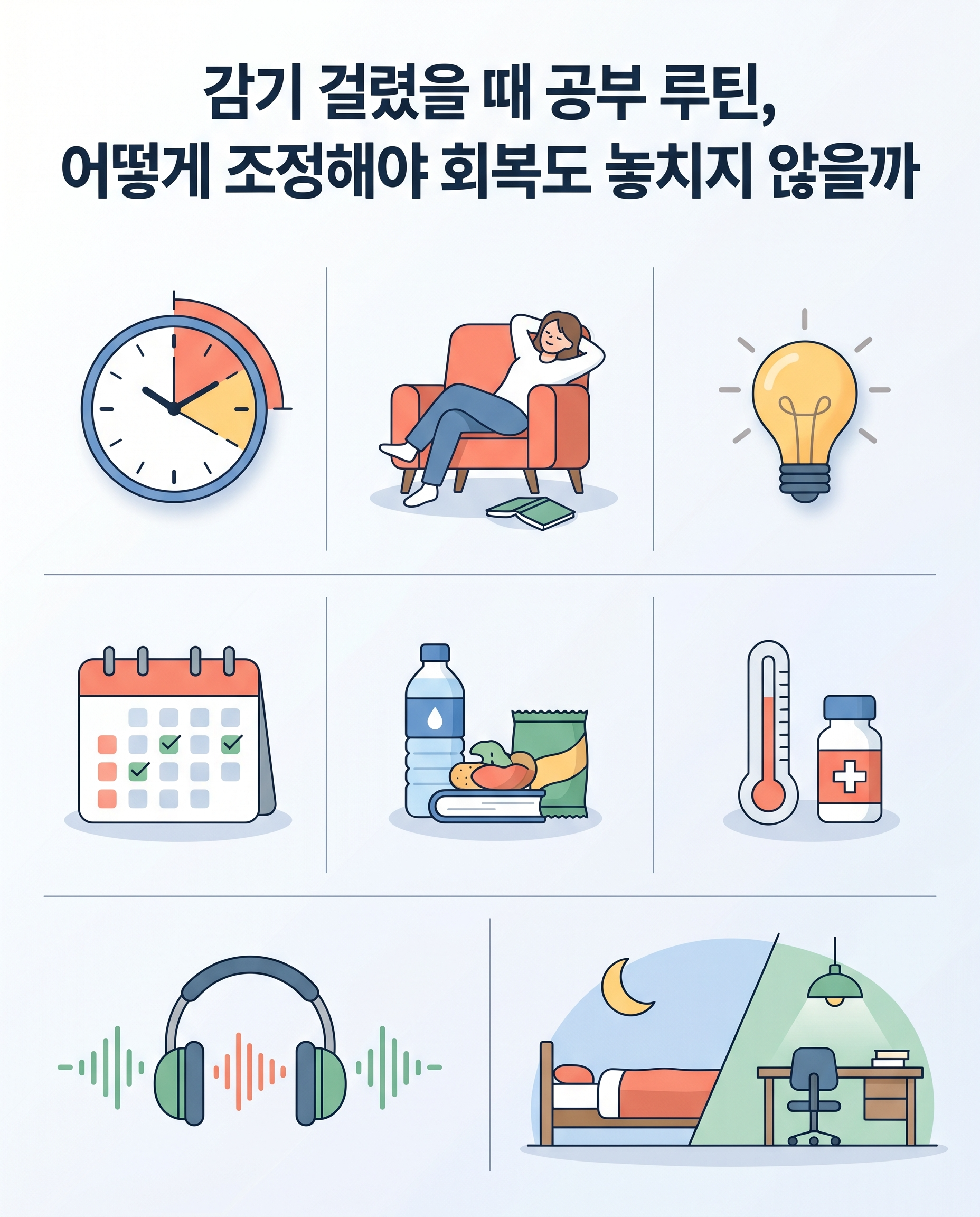 회복과 학습 두 마리 토끼를 다 잡을 수 있는 실용적인 팁을 시각적으로 전달하는 이미지