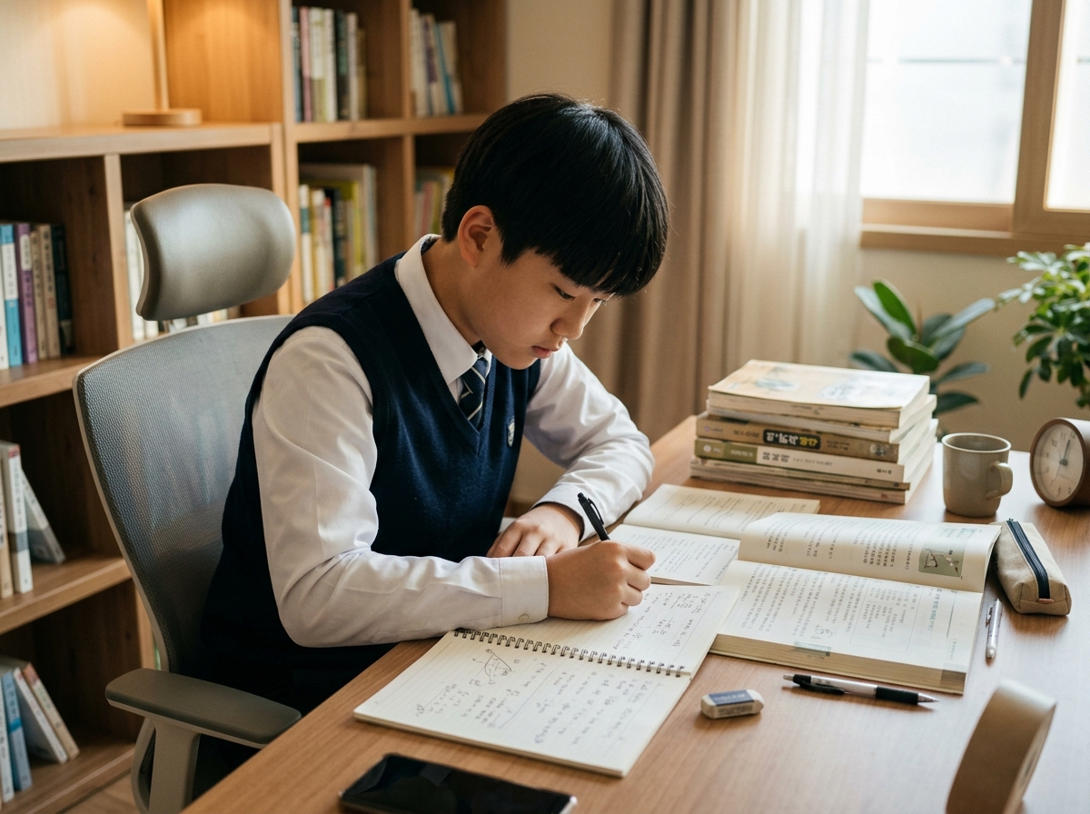 책상에 앉아 교과서를 보며 집중하는 한국 중학생