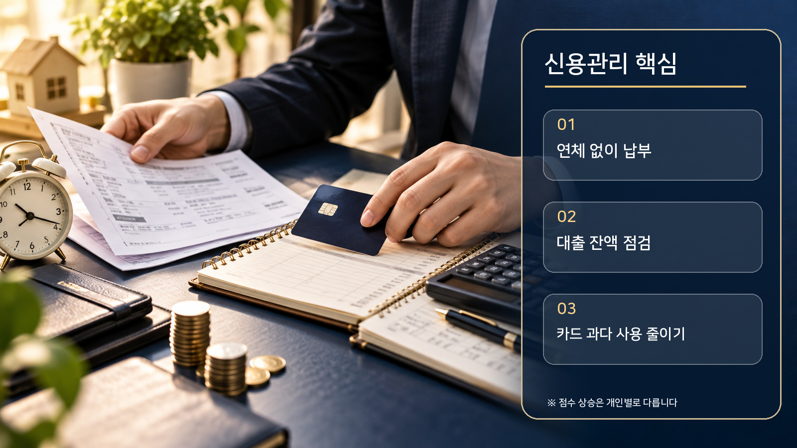 실사형 금융 관리 책상 사진 위에 연체 없이 납부, 대출 잔액 점검, 카드 과다 사용 줄이기 세 가지 관리 기준을 배치한 인포그래픽