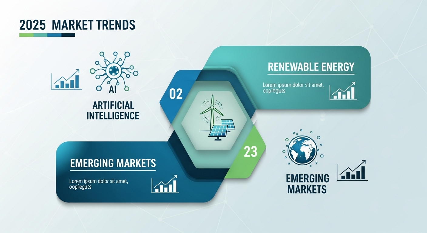2025년 인공지능, 재생에너지 등 주요 시장 트렌드를 아이콘과 차트로 시각화한 인포그래픽.