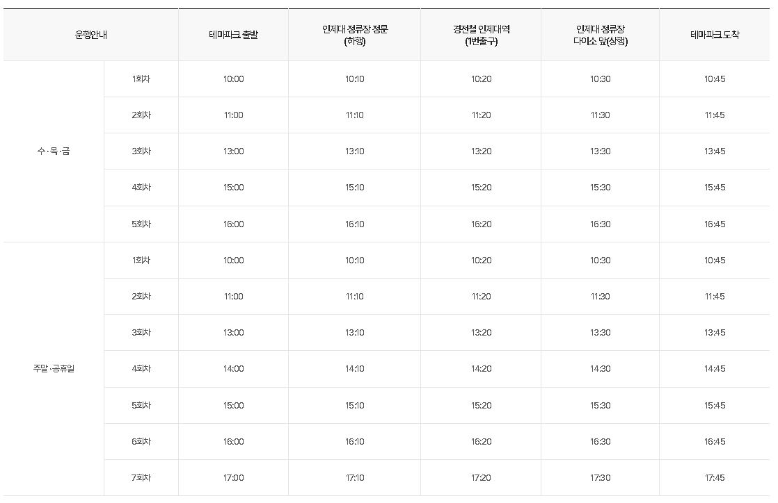 가야테마파크 셔틀버스 시간표