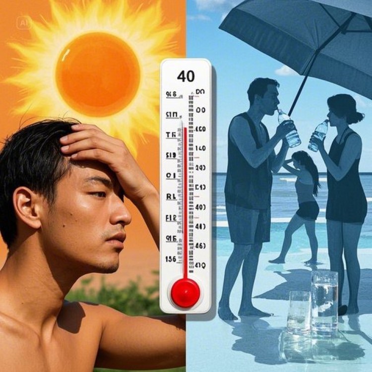 &quot;무더운 여름날 햇볕 아래에서 이마에 손을 대고 어지러워하는 사람의 모습. 배경에는 강한 태양과 열기가 표현되어 있고, 온도계가 40도를 가리키고 있다. 한쪽에는 그늘진 곳에서 물을 마시며 휴식을 취하는 모습이 대조적으로 배치되어 있어 예방과 대처의 중요성을 강조하는 이미지&quot;