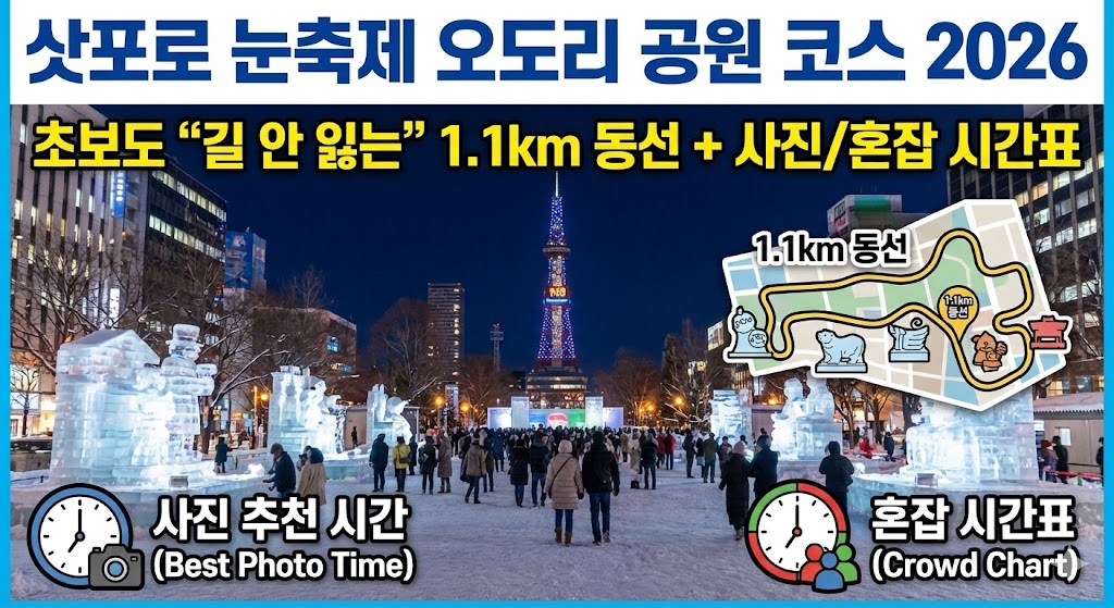 삿포로 눈축제 오도리 공원 코스 2026|초보도 “길 안 잃는” 1.1km 동선 + 사진/혼잡 시간표