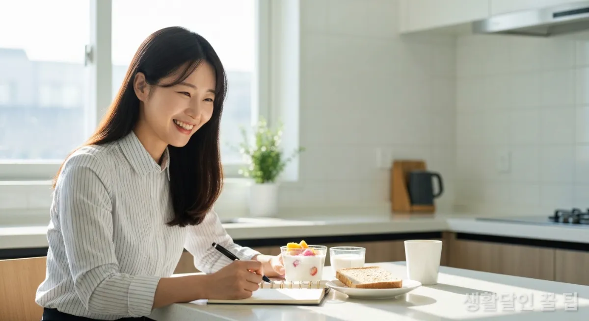 햇살이 들어오는 주방에서 건강한 아침 식사를 하며 플래너를 정리하는 젊은 한국 여성