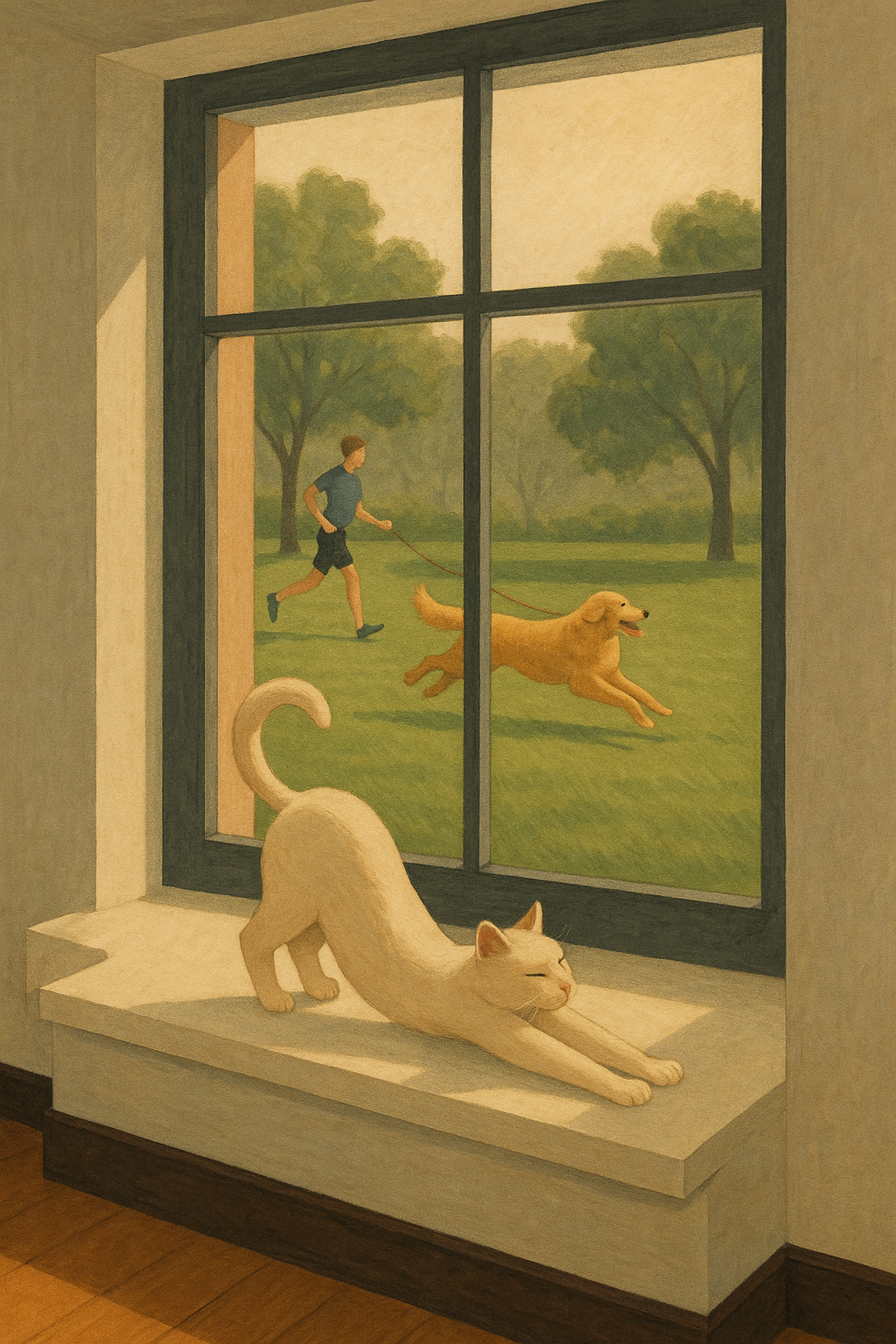 공원에서 달리고 있는 리트리버와 실내에서 스트레칭을 하는 고양이