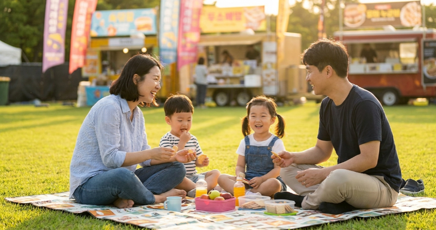 가족들이 넓은 공원에 돗자리를 펴고 앉아 피크닉을 즐기며 여유로운 한때를 보내는 모습]