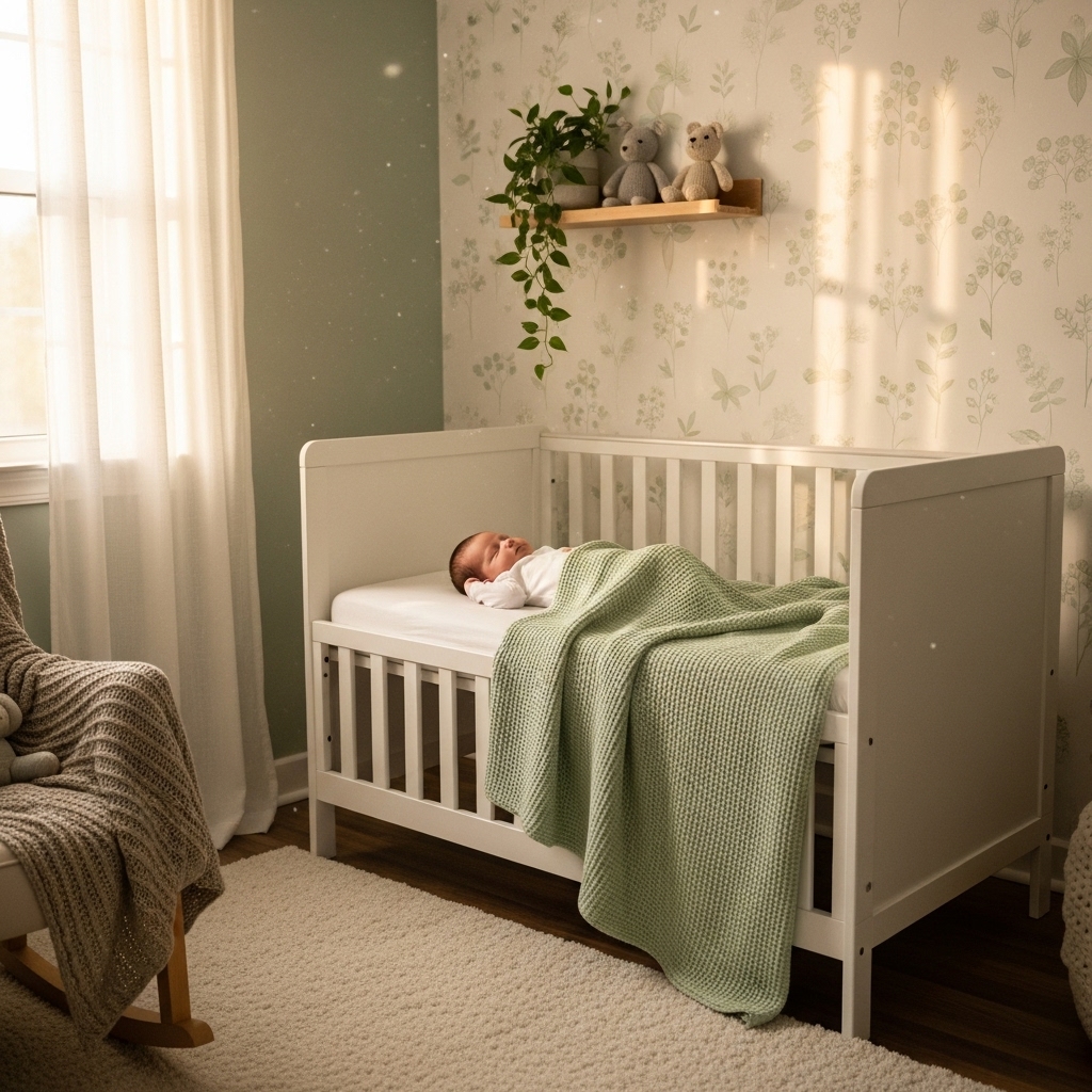평화롭게 잠든 신생아가 있는 따뜻하고 아늑한 아기방 풍경, 수면을 취하는 아기의 모습