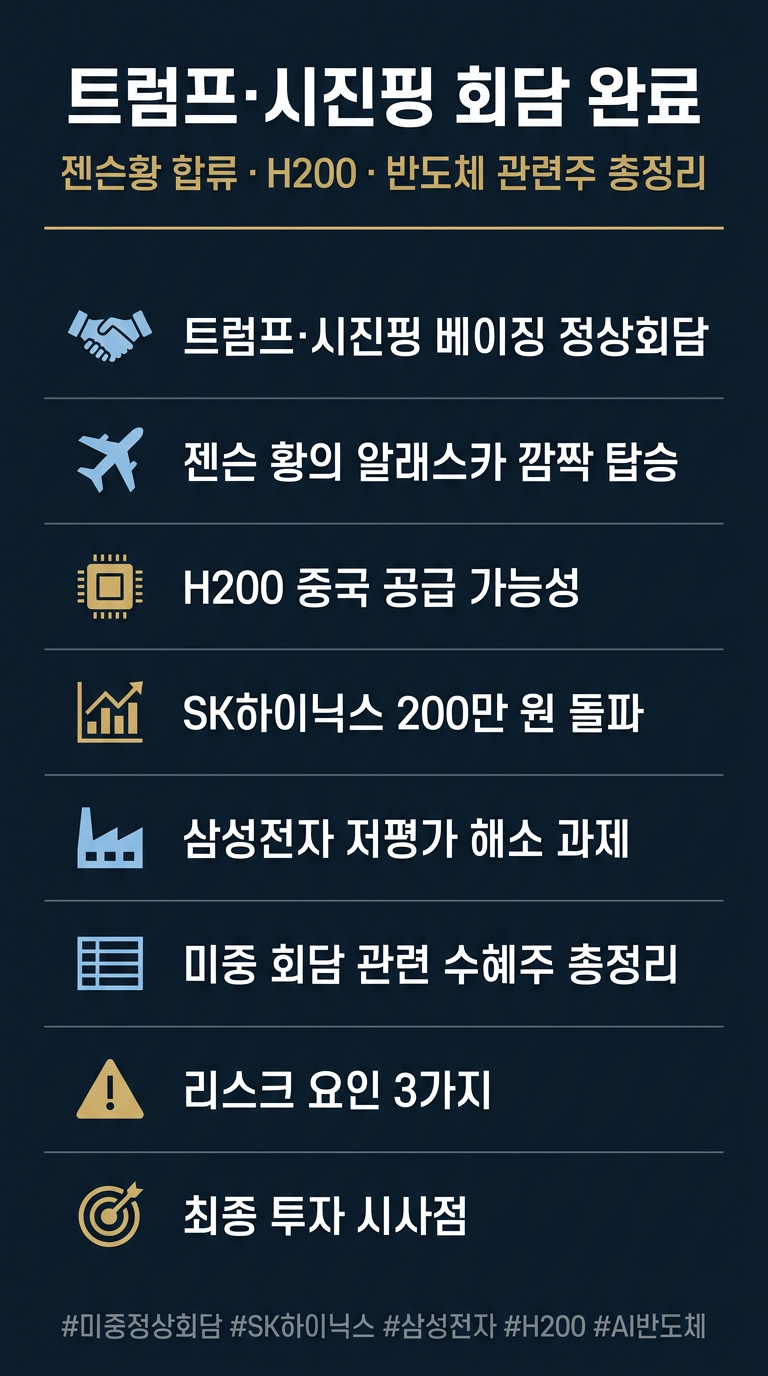 트럼프 시진핑 방중 회담, 젠슨황 합류, H200 중국 공급 가능성, 주가 전망, SK하이닉스, 삼성전자 영향, 미중 회담 관련주 총정리