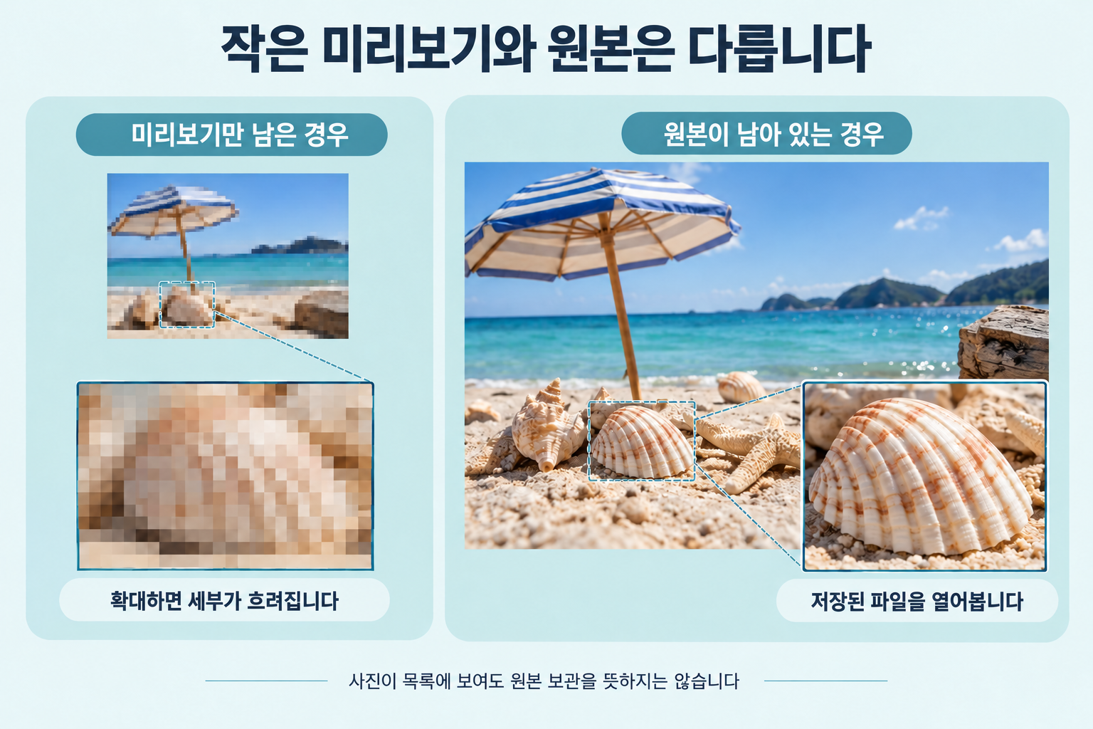픽셀로 흐려진 작은 미리보기와 별도 보관한 원본의 조개 무늬 비교