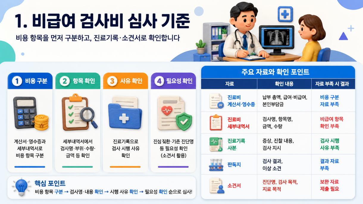 클레이 애니메이션 스타일의 16:9 인포그래픽으로, 비급여 검사비 심사 기준과 비용 구분&middot;항목 확인&middot;사유 확인&middot;필요성 확인 절차를 표와 아이콘으로 설명한 이미지