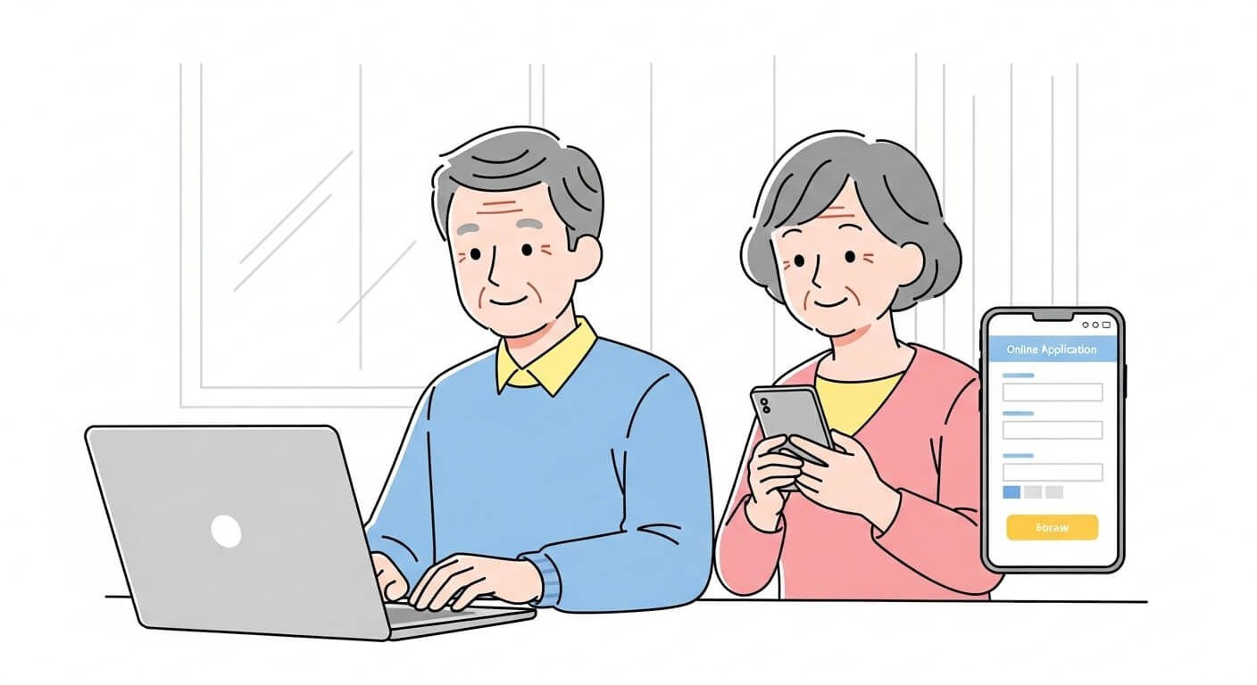 기초연금을 신청하는 노부부가 집에서 노트북과 스마트폰을 이용해 온라인으로 신청하는 장면 2