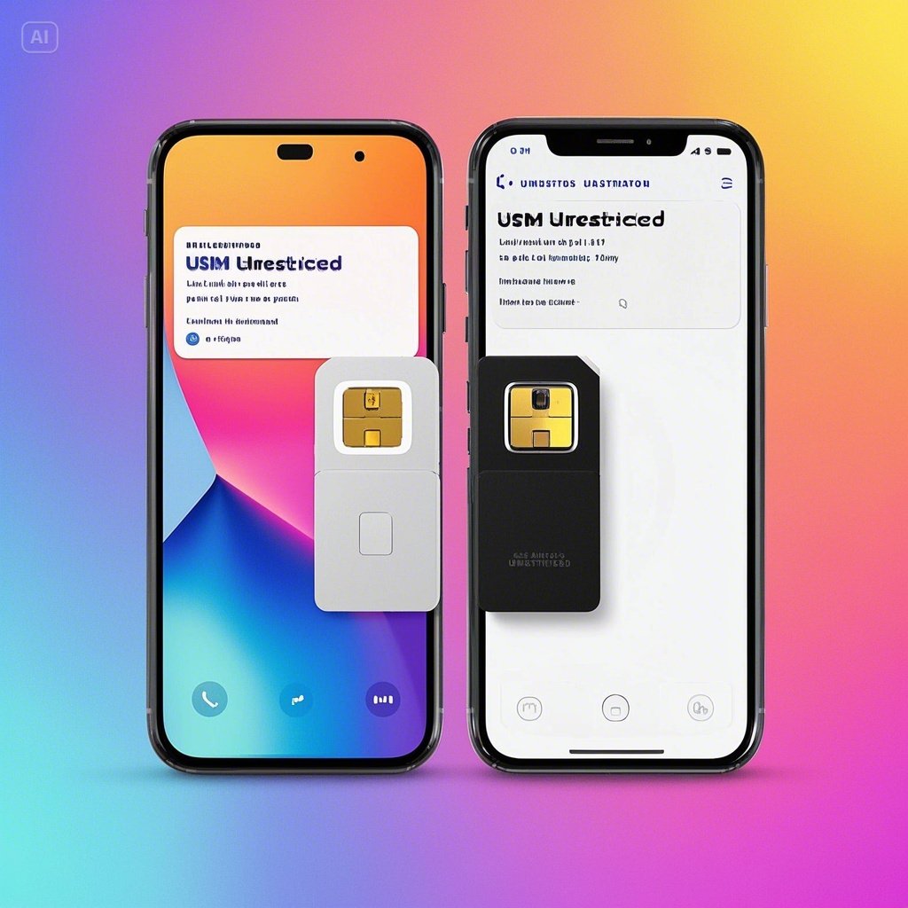 삼성과 애플의 스마트폰과 유심이 좌우로 구분이 되어있다.