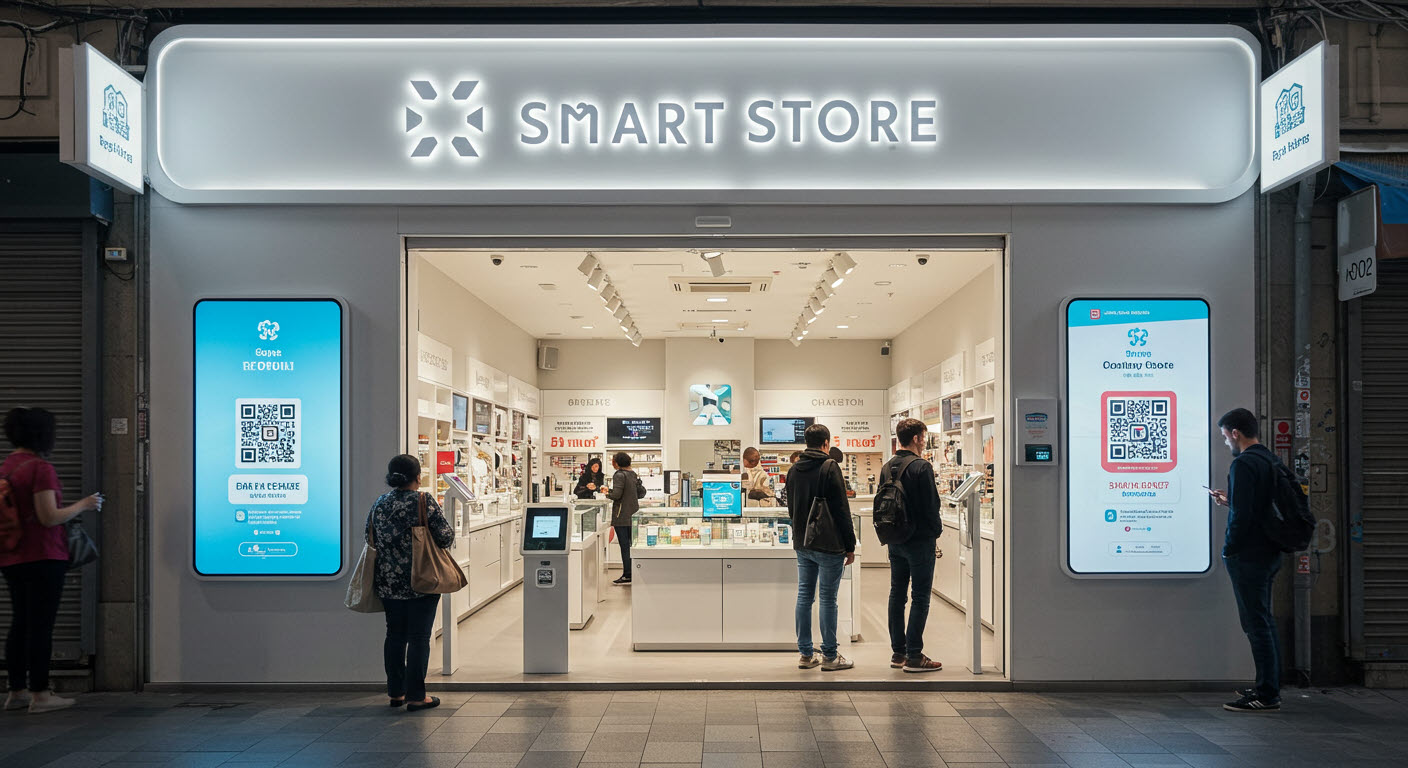 smart store 매장에 사람들이 들어가서 구경하는 모슴