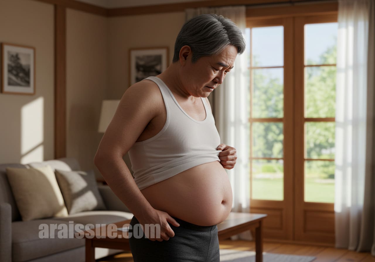 거울 앞에서 뱃살을 확인하는 남성 모습