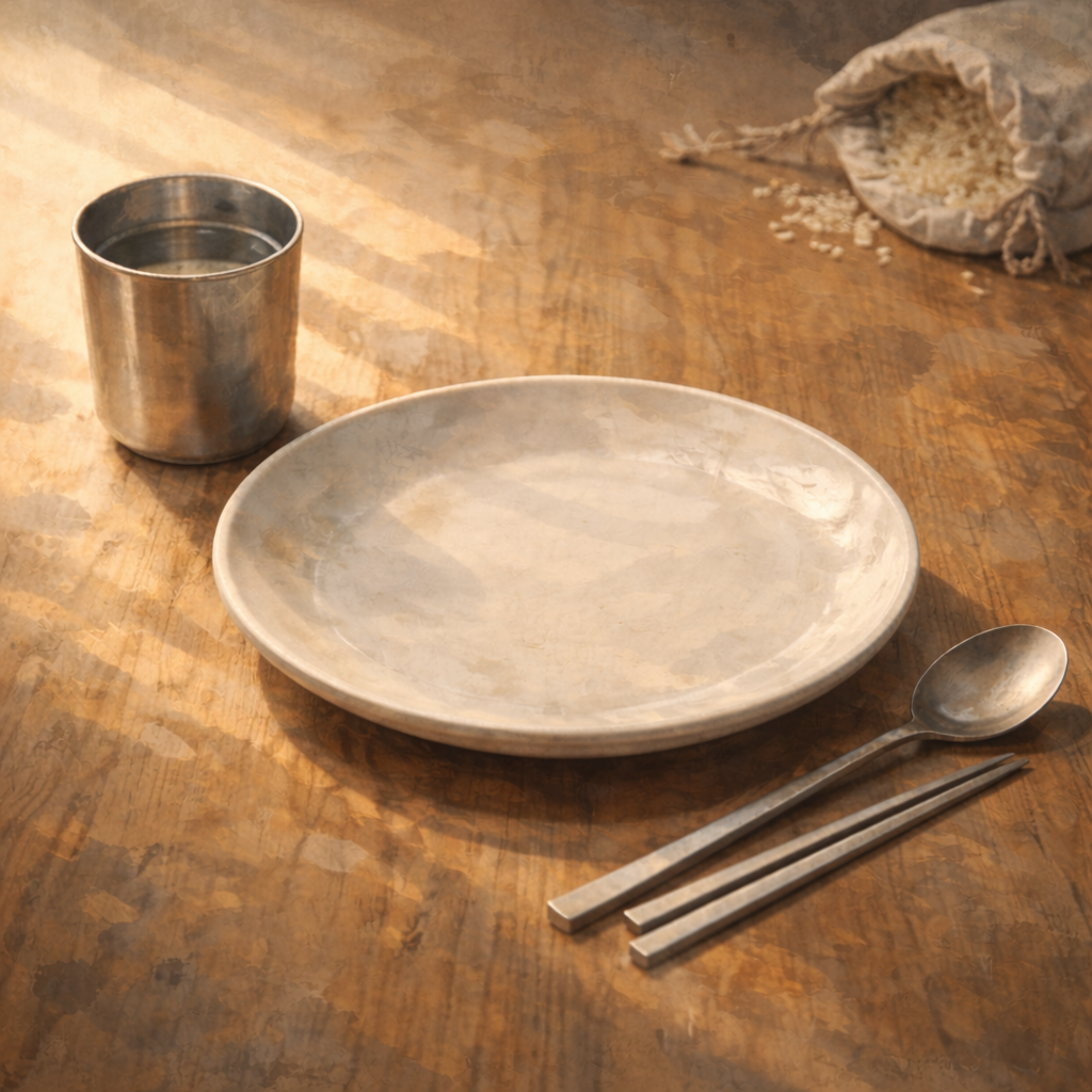 음식이 놓이지 않은 빈 접시와 컵이 있는 식탁을 통해, 살기 위해 먹는 방식과 생존을 준비하는 삶의 태도를 상징적으로 표현한 회화적 이미지