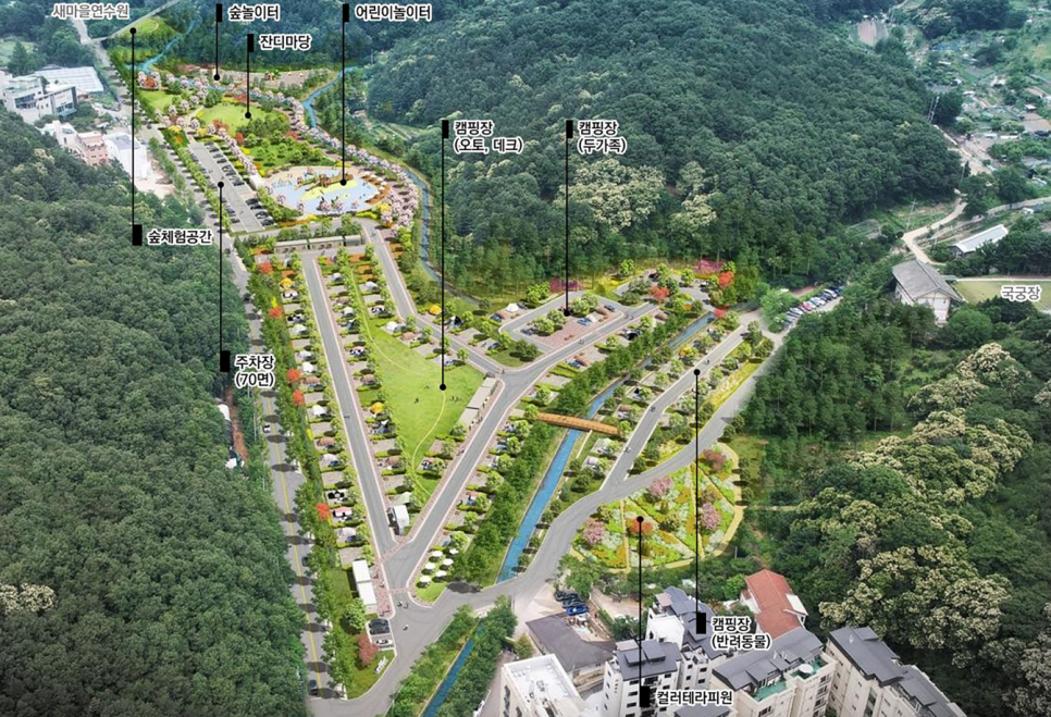 한눈에 보는 성남 율동공원 오토캠핑장! 구역별 특징이 잘 드러나 있어요.