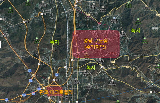성남 구도심은 강남과 물리적으로 가까우나 신도시를 건설하기에는 적합하지 못했다.