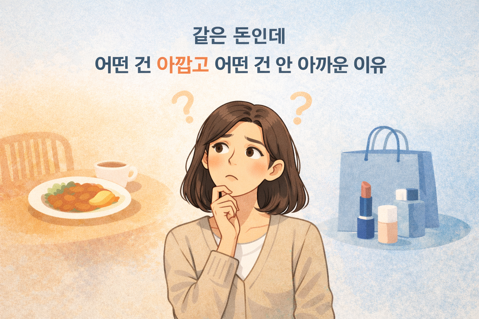 같은 돈을 두고 식사와 쇼핑 사이에서 망설이는 여성의 소비 판단을 표현한 일러스트 썸네일