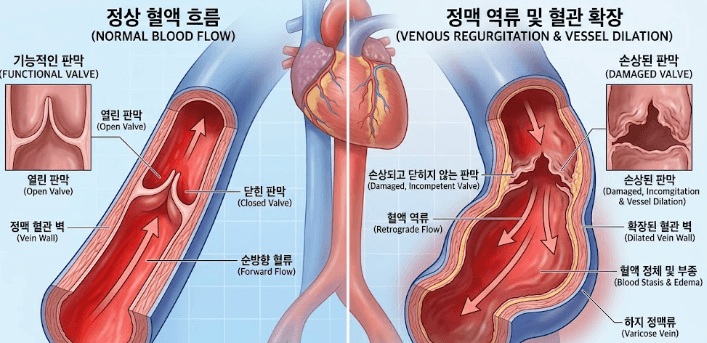 하지정맥류 유발 원인인 정맥 판막 손상과 혈액 역류 현상 비교 일러스트