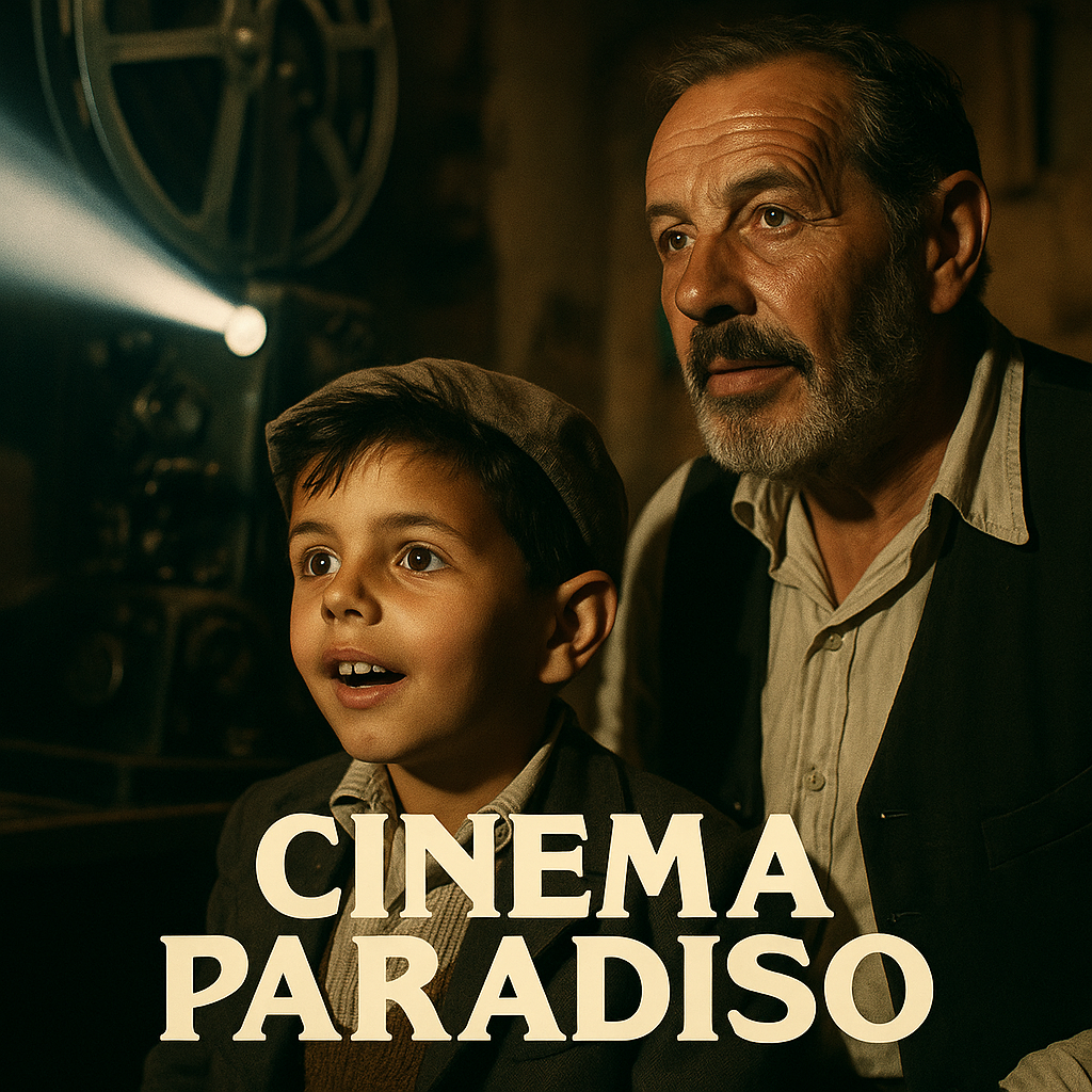 영화 시네마천국 주인공 어린 살바토레와 알프레도가 영사실에서 영화를 상영하는 모습