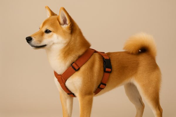 어린 시바견에 Y자 하네스가 가슴과 등에 안정적으로 착용된 모습(옆모습)을 보여주고 있다.