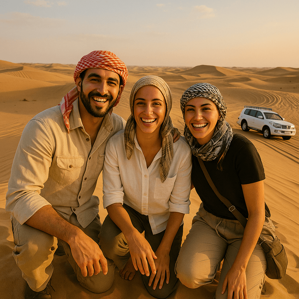 중동 신혼여행지에서 사막 투어를 즐기는 모습