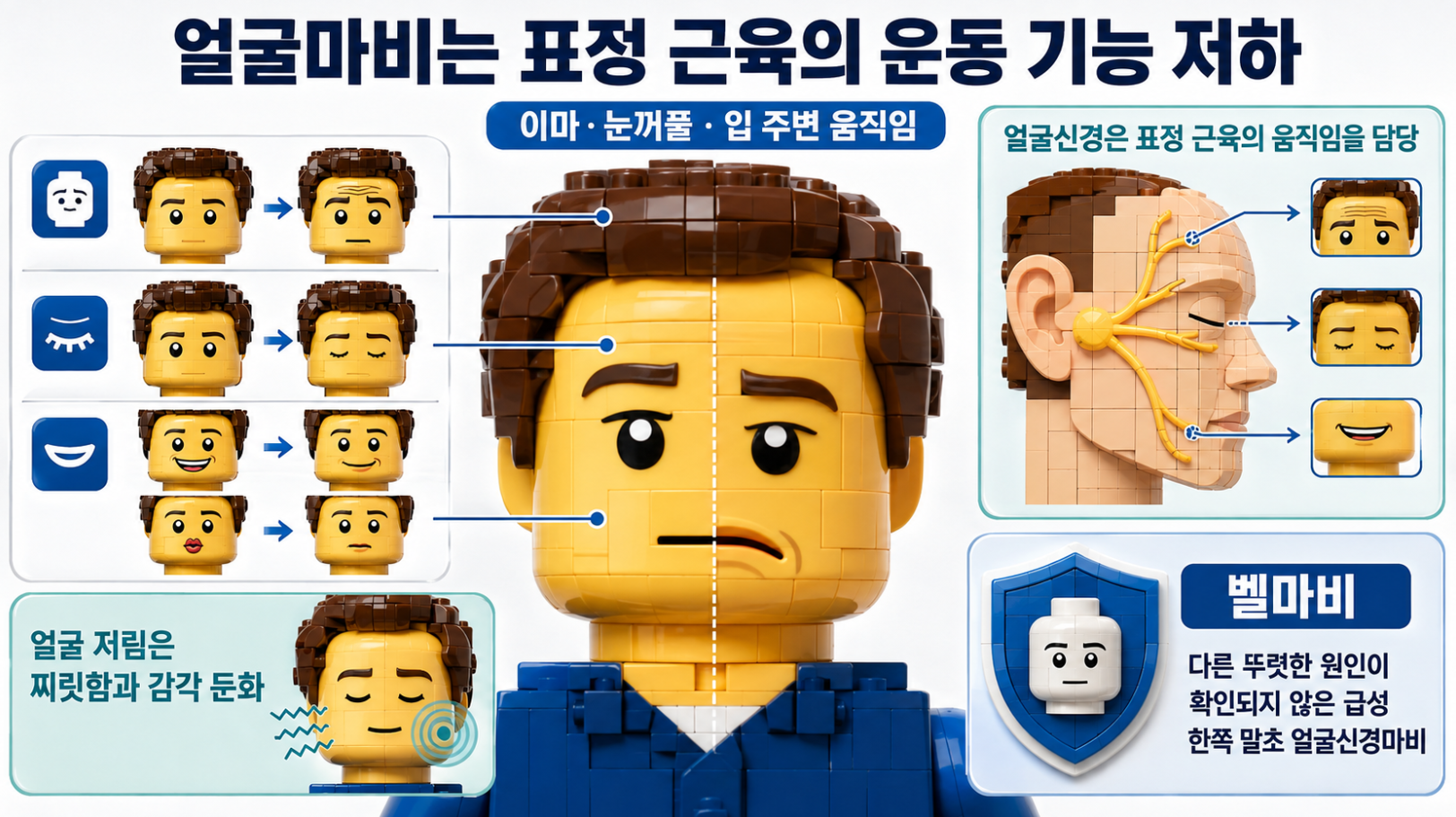 얼굴마비의 이마·눈꺼풀·입 주변 운동 기능 저하와 얼굴 저림·벨마비 설명