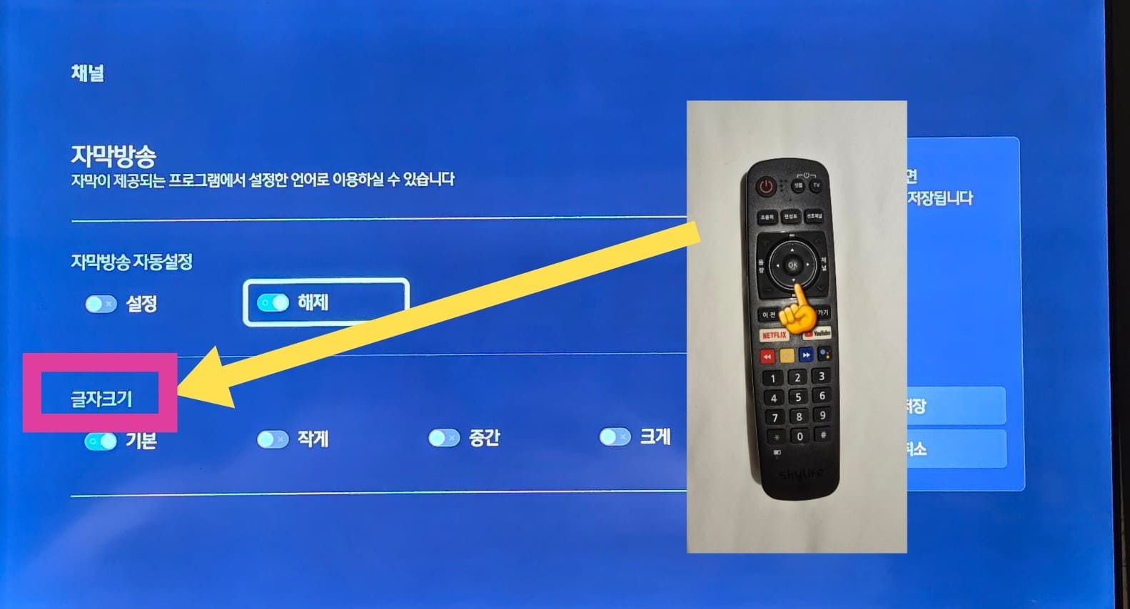 스카이라이프-화면해설방송,-자막방송-끄기-켜기-설정-방법-안내-자막방송에서는-글자-크기-설정도-할-수-있는데요.-리모컨의-아래-방향키로-이동해서-원하는-크기를-선택할-수-있습니다.