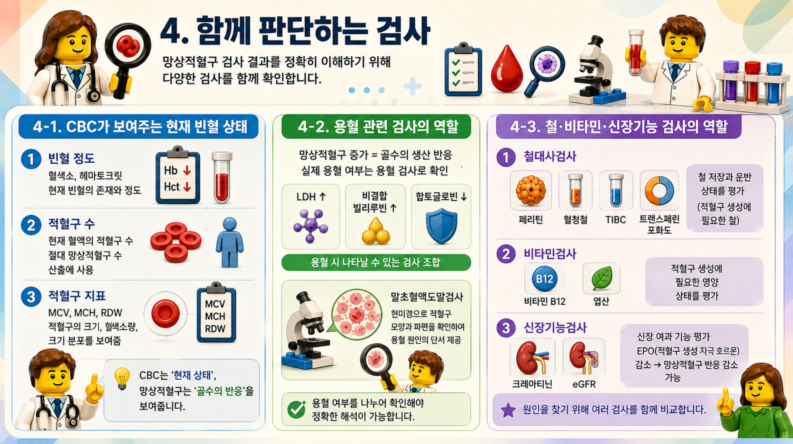 망상적혈구 검사와 CBC, 용혈 관련 검사, 철·비타민·신장기능검사의 역할을 비교한 인포그래픽