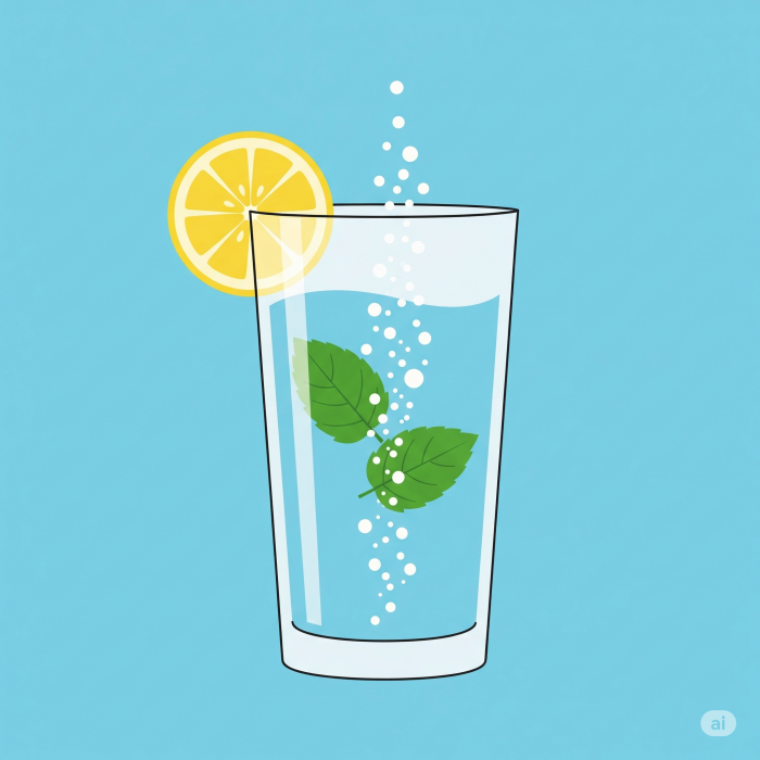 깨끗하고 상쾌한 물 한 잔이 레몬 조각과 민트 잎과 함께 밝은 배경에 놓여 있습니다. 이 이미지는 수분 섭취의 중요성과 건강함을 상징합니다.