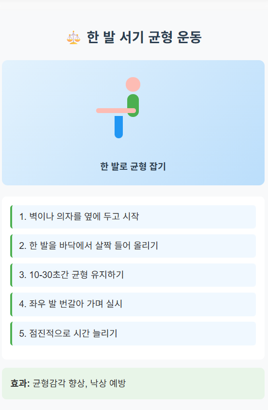 한 발 서기 균형 운동을 하는 60대의 안전한 운동법 시연 이미지