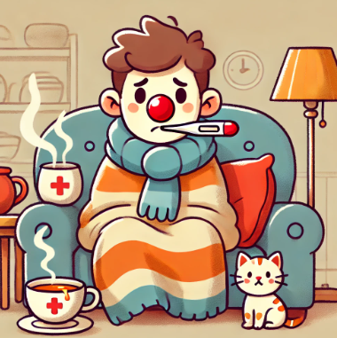 독감환자가 의자에 앉아 약을 먹고 있다