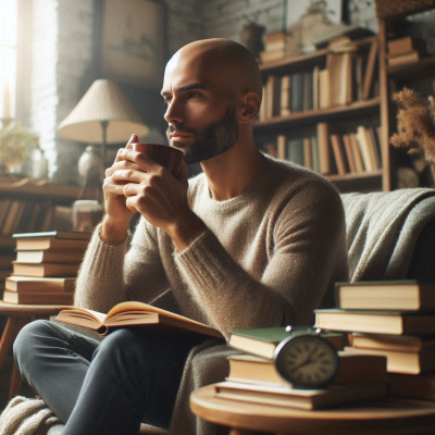 "책을 들고 생각에 잠긴 남성"