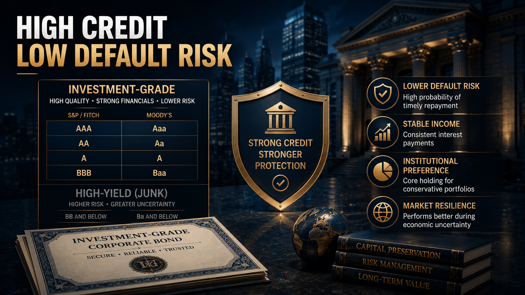 Investment-grade bond credit ratings showing high credit quality, low default risk, and institutional investor preference in a cinematic financial design.