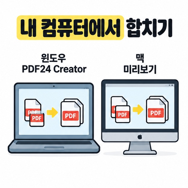 윈도우의 PDF24 Creator와 맥의 미리보기로 컴퓨터 안에서 PDF를 합치는 방법을 나란히 보여주는 이미지