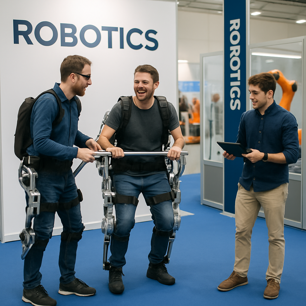 로봇 전시회에서 웨어러블 로봇을 체험하는 관람객 사진