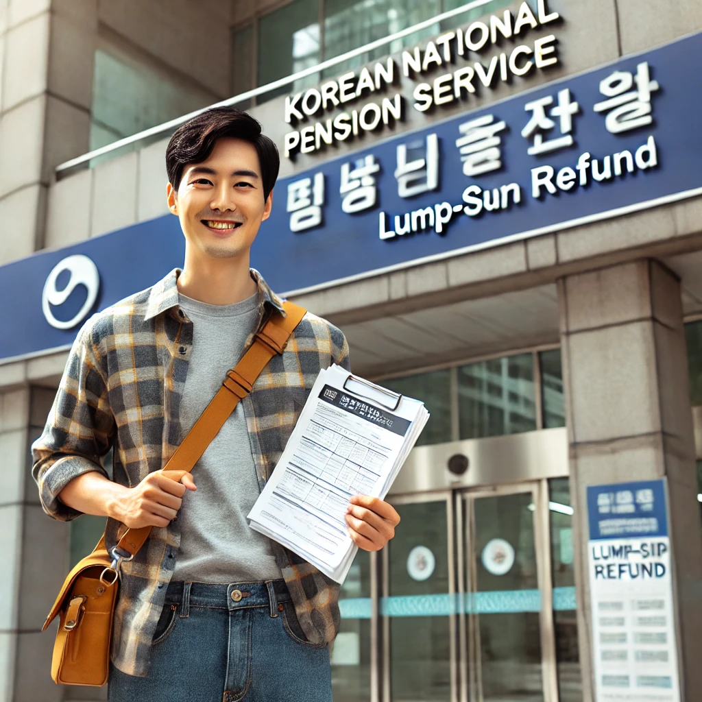 A foreign worker standing in front of the Korean National Pension Service office&amp;#44; holding documents 