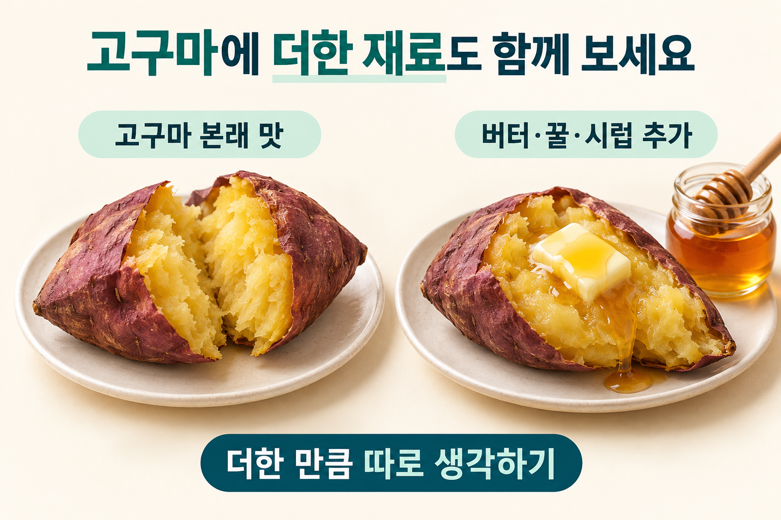 토핑 없는 구운 고구마와 버터&middot;꿀을 더한 구운 고구마를 나란히 비교해 추가 재료도 함께 살피도록 안내.
