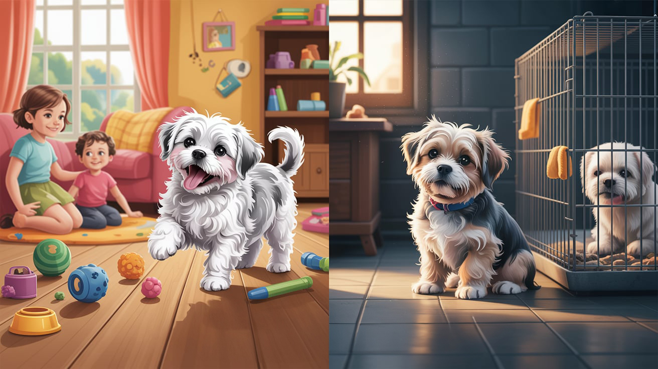 즐거운 강아지와 슬픈 강아지