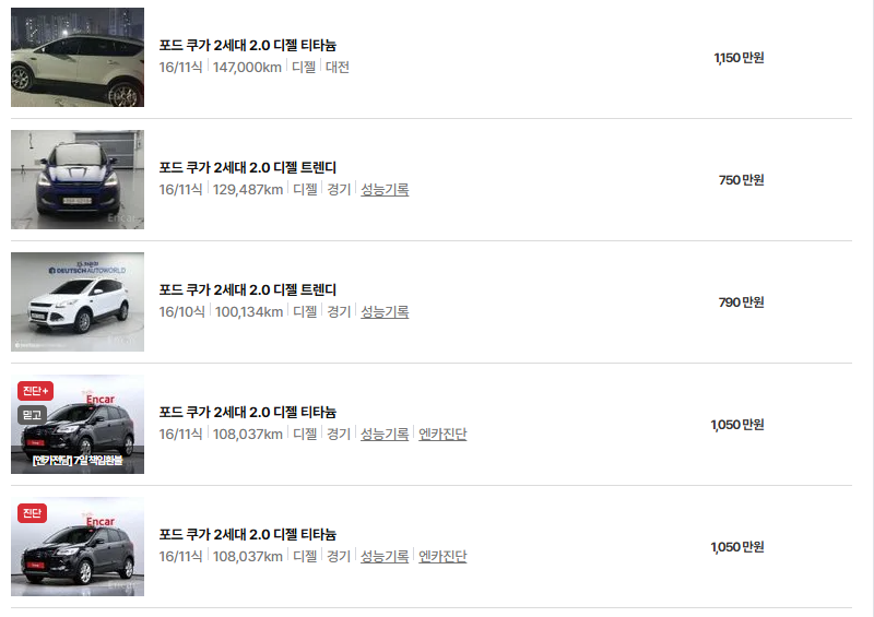 포드 쿠가 중고차 가격 시세표 유지비