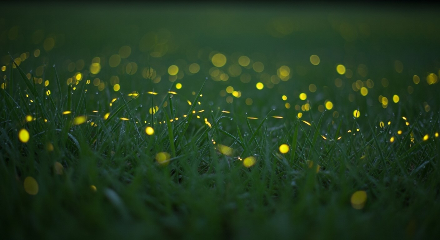 풀숲 사이에서 반딧불이들이 노란 빛을 내는 장면