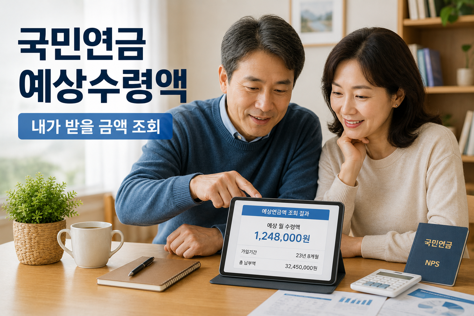중년 부부가 식탁에서 태블릿의 예상연금액을 확인하는 장면