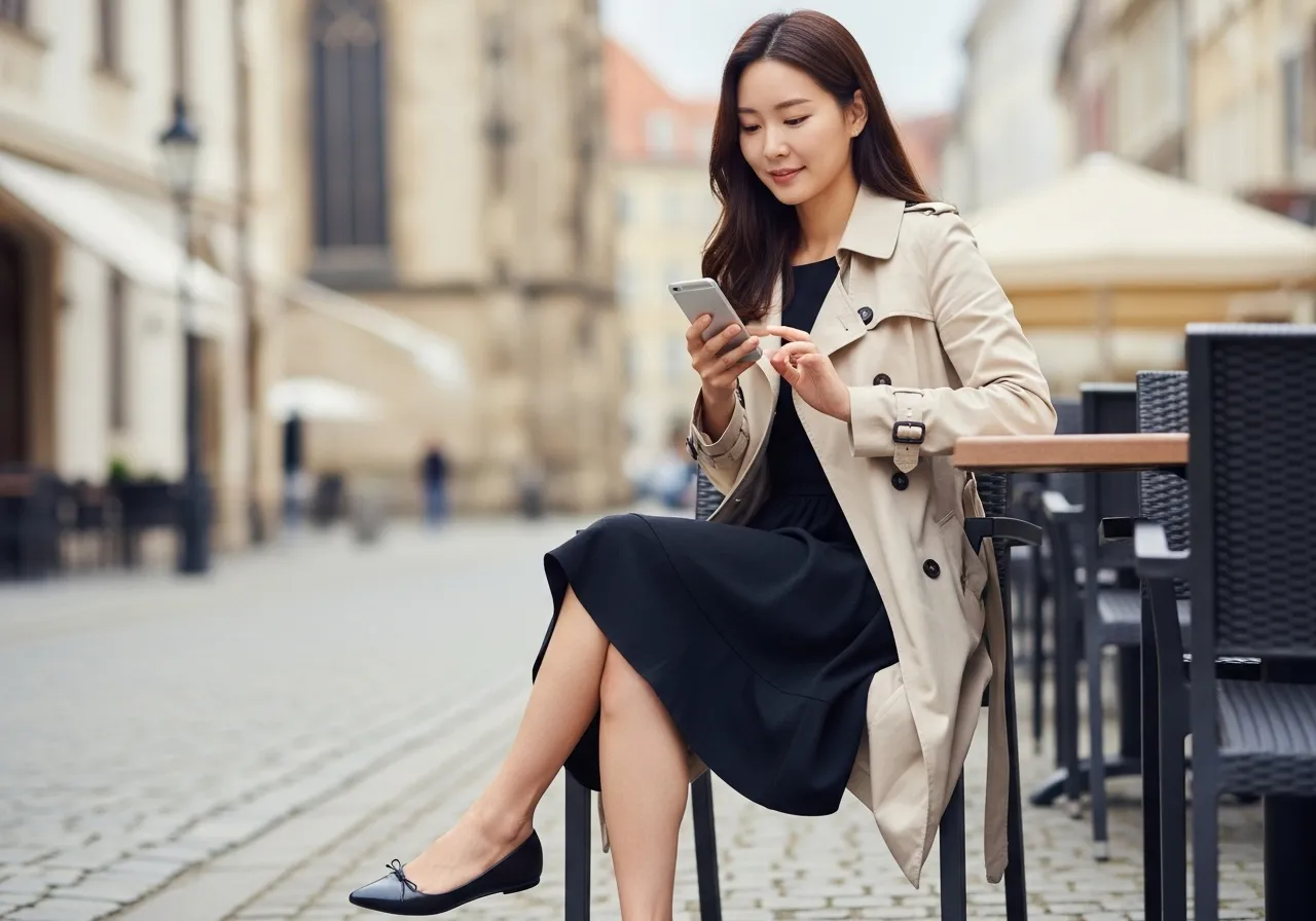 해외 여행지에서 스마트폰을 확인하며 KT 알뜰폰 자동로밍 서비스를 이용하는 지적인 20대 한국 여성