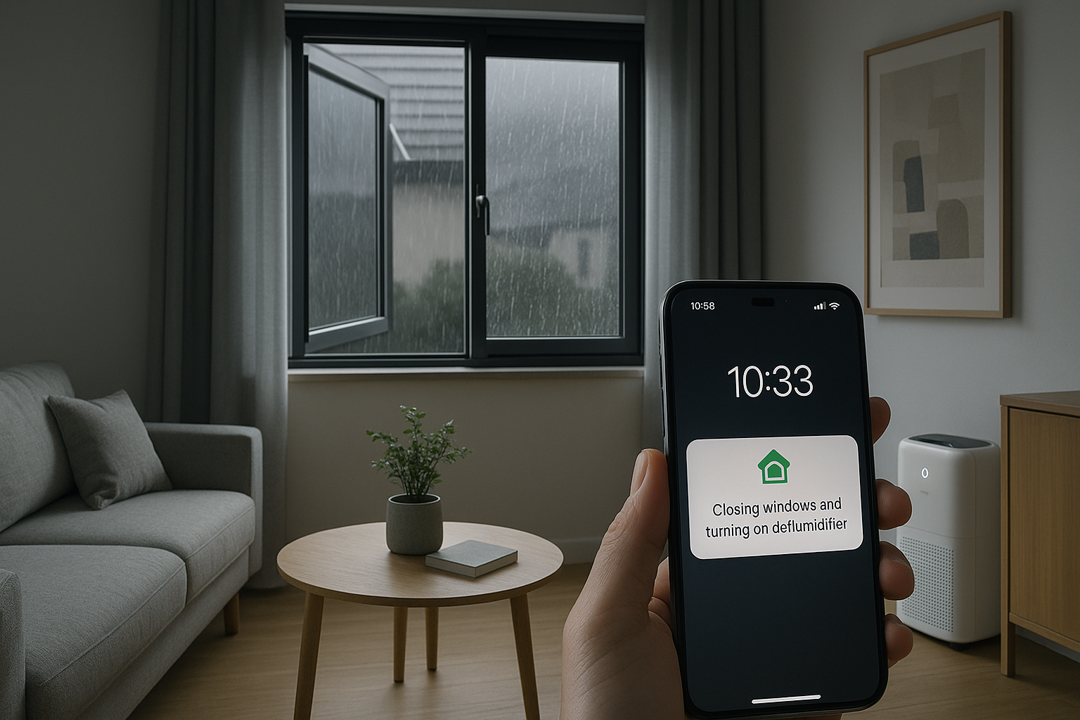 장마철에 창문이 자동으로 닫히고, 제습기가 작동하며, 알림이 스마트폰 화면에 표시되는 장면(Ai생성이미지)