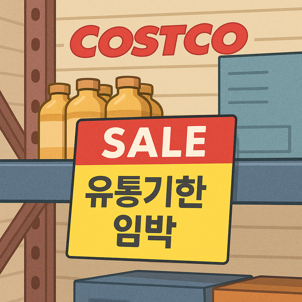 코스트코 할인코너에 진열된 유통기한 임박 제품과 세일 안내문이 함께 보이는 일러스트 이미지
